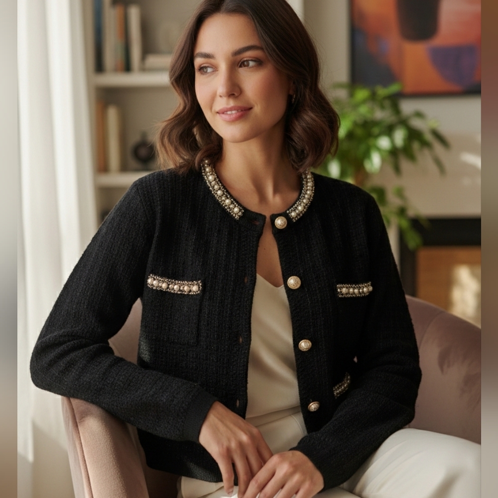 Leo & Viola New Elegant Black Jacket with Pearl Accents Womens S Old Money‎